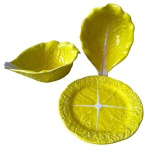 SECLA PORTUGAL Vintage Yellow Cabbage Leaf Serving Bowls and Small Plate